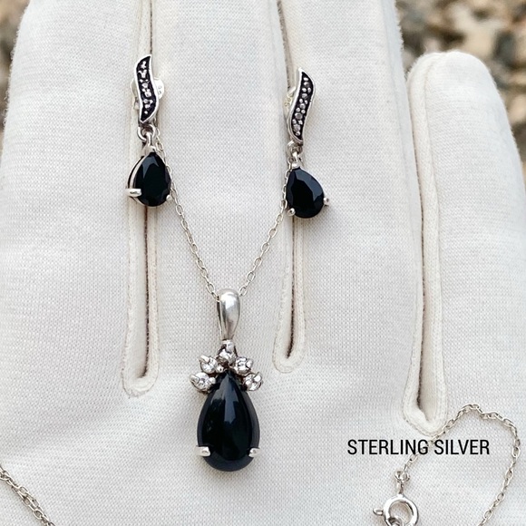 Black Onyx Sterling Silver Post Earrings & Necklace Pendant Set - Vintage - Picture 9 of 14